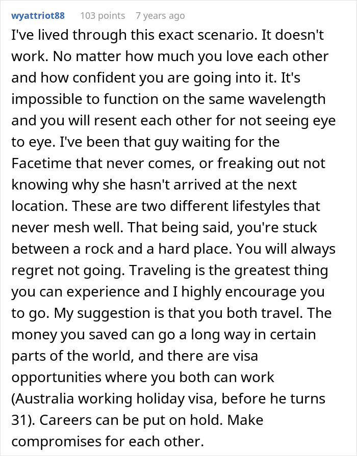 A Reddit comment by user wyattriot88, sharing advice on a woman's dream trip and making an impossible choice.
