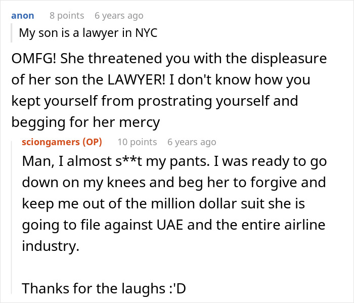 A Reddit post about Karen shames guy for eating meat and threatening him with her lawyer son. A pilot intervenes.