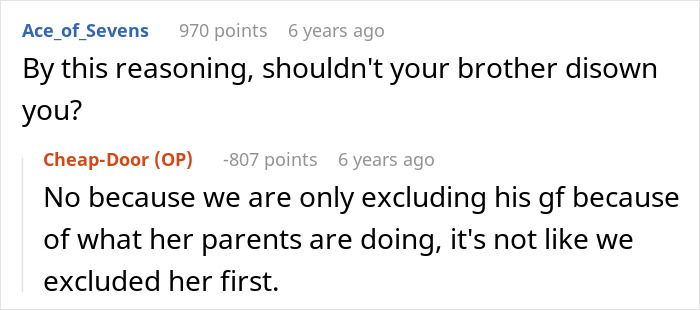 Comment questioning disownment due to girlfriend's parents actions Comment questioning disownment due to girlfriend's parents actions