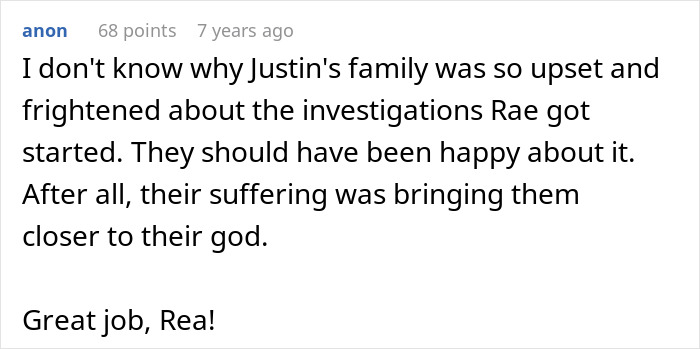 Comment discussing family's reaction to investigations in cult religious community