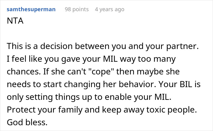 A Reddit comment from samthesuperman, titled NTA, advising someone to protect their grandchild from toxic in-laws.