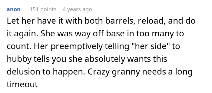 A Reddit comment from anon suggesting a crazy granny needs a timeout, related to the MIL disowning grandchild story.