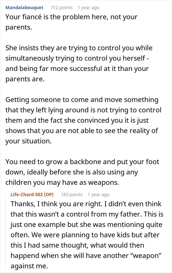 A Reddit screenshot discussing a manipulative fianc&eacute;e, where the original poster realizes his fianc&eacute;e is controlling.