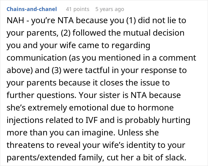 Comment supporting husband for honesty and tact in handling fertility communication Comment supporting husband for honesty and tact in handling fertility communication