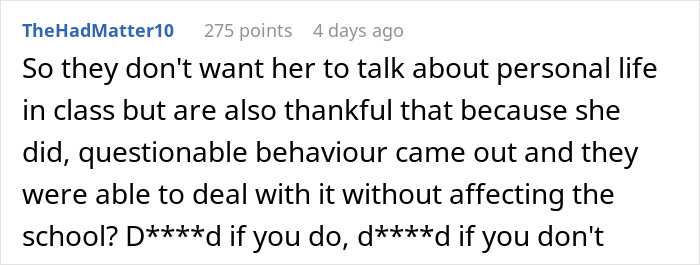 English Teacher Tells Students Her Coworker Has A Wife And Child, Learns Why He Kept It A Secret