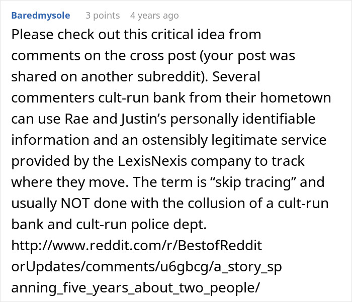 Explanation of skip tracing using LexisNexis service by cult-run bank and police to track movement