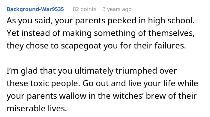 Comment about triumphing over toxic parents and living life