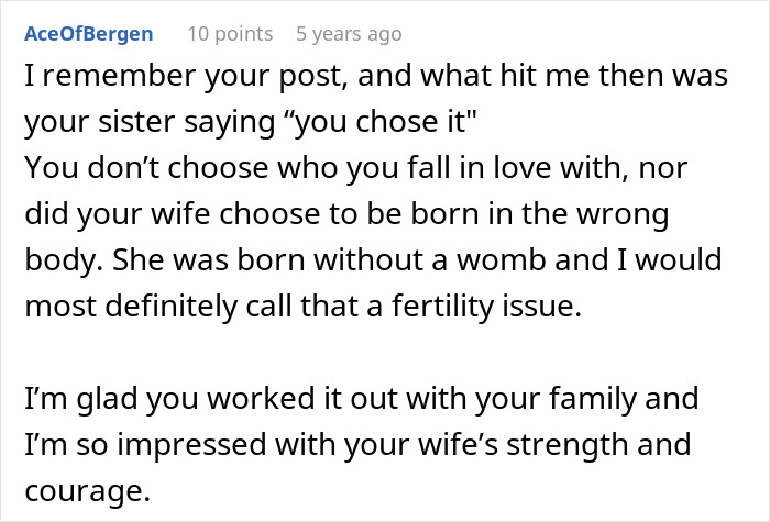 Comment recalling story about fertility issues and family acceptance Comment recalling story about fertility issues and family acceptance