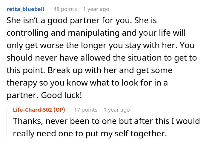 A Reddit post with advice for a guy dealing with a manipulative fianc&eacute;e, suggesting he break up and get therapy.