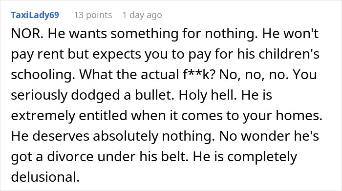 Comment criticizing fianc&eacute;'s entitlement and financial demands