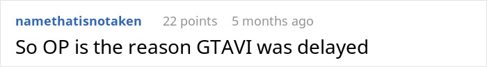 A Reddit comment, "So OP is the reason GTAVI was delayed," referencing an employee fixing a panicking company.