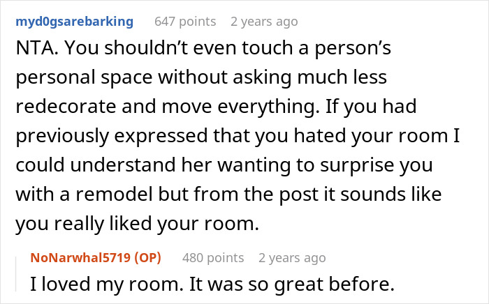 A screenshot of comments on Reddit, with one user saying a sister shouldn't redecorate her sibling's room.