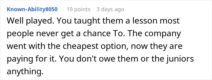 A Reddit comment praising a developer for teaching a company a lesson about valuing their talent, leading to system breakage.