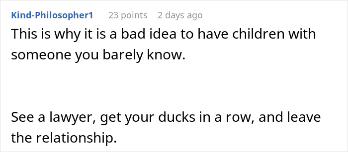 Reddit advice warning against having children with someone barely known