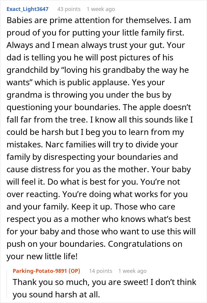 Reddit post about parents furious a daughter informed them of giving birth the next day, with user comments.