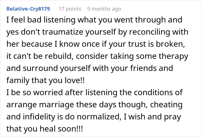 A Reddit user's comment offers advice and concern about arranged marriage and infidelity, emphasizing healing from an affair.