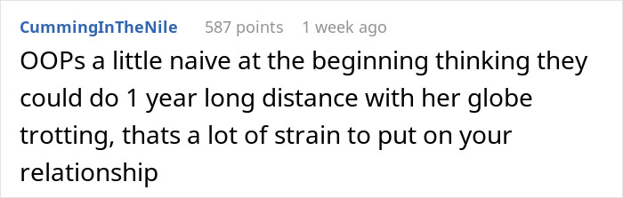 A comment discussing relationship strain from a woman's dream trip. This relates to a woman's impossible choice after saving for 5 years.