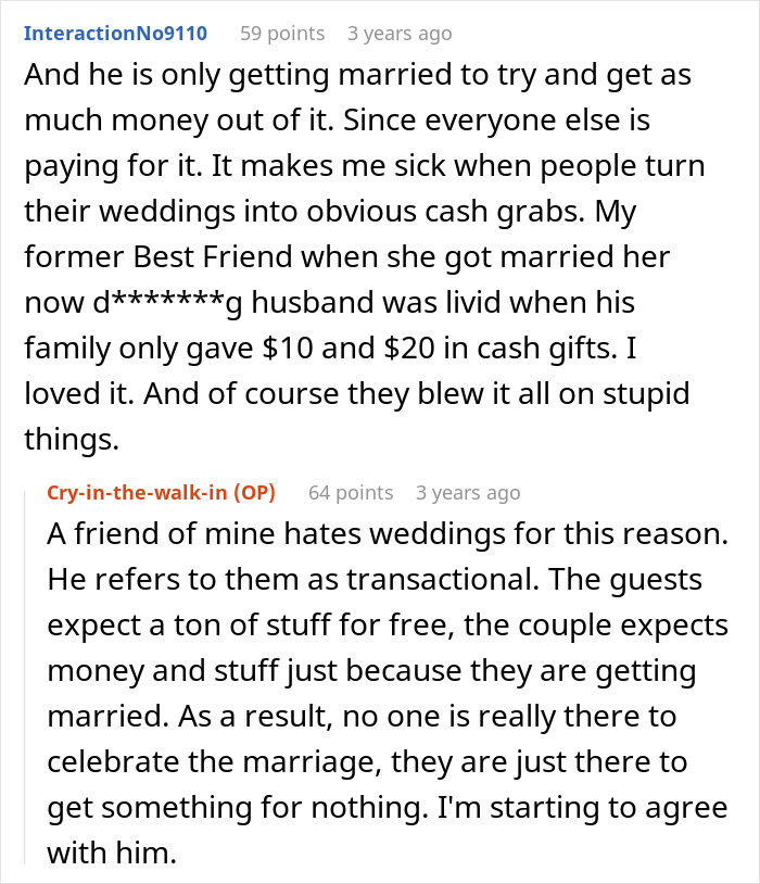 A Reddit post discussing brother wedding money expectations and the perception of weddings as a transaction for food and gifts.