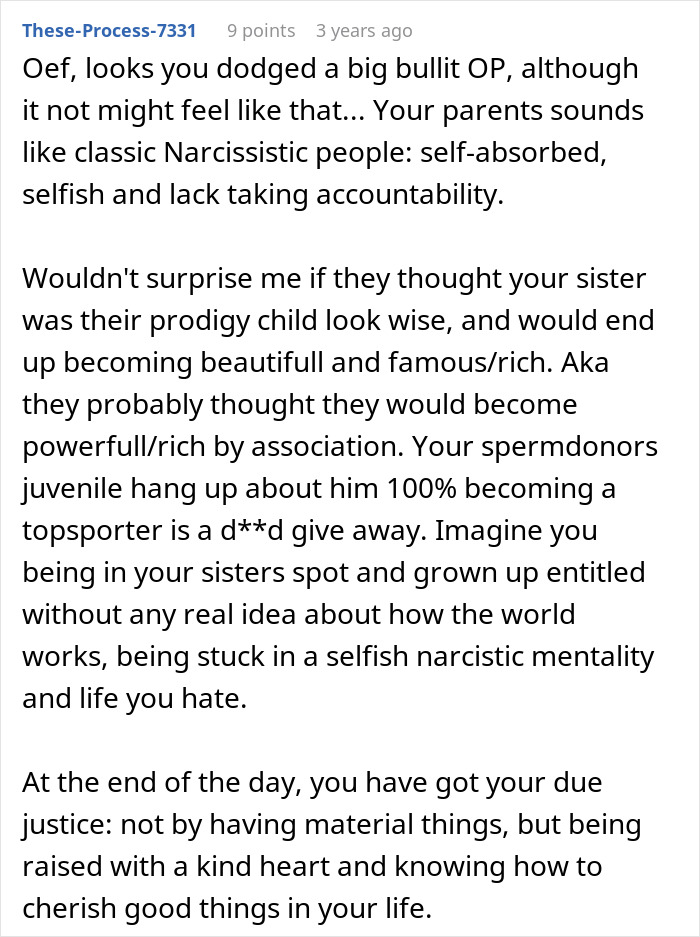 Comment describing narcissistic toxic parents in 10-year-old son story