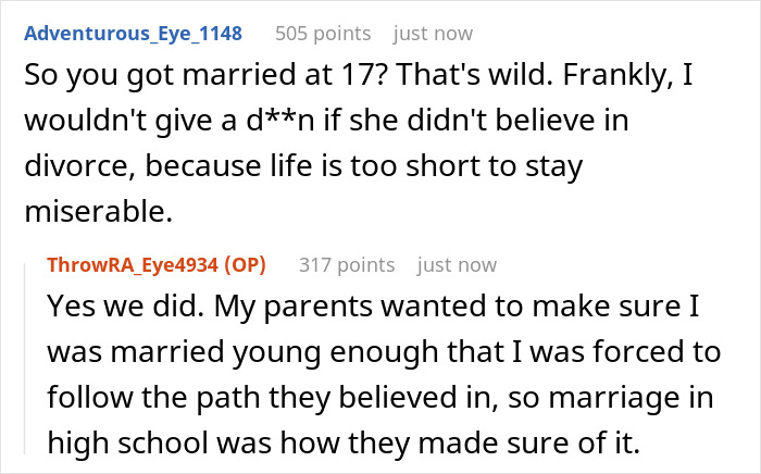 Discussion on marrying at 17 and divorce beliefs