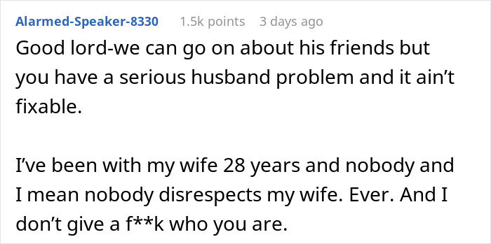 Reddit comment about serious husband problem and spousal respect from long marriage