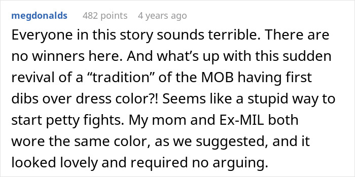 MIL Throws A Pity Party Over Not Wearing Green For Son's Wedding, Plans To Switch Dresses Anyway MIL Throws A Pity Party Over Not Wearing Green For Son's Wedding, Plans To Switch Dresses Anyway