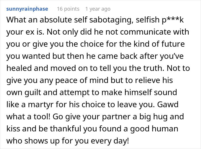 Comment calling ex selfish for leaving relationship before trying for a baby