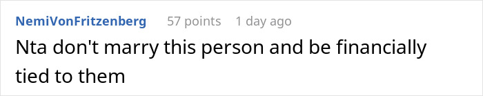 A SAHM comment advising against marrying someone and being financially tied, highlighting harassment for debts.