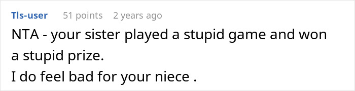 Comment calling sister's situation a result of her choices and feeling sympathy for niece