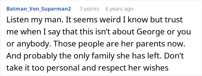 Comment urging respect for bride's wishes and recognizing late husband's parents as her family