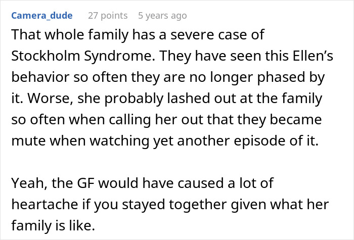 Comment about family having Stockholm Syndrome after restaurant fiasco with fiancée and mom Comment about family having Stockholm Syndrome after restaurant fiasco with fiancée and mom