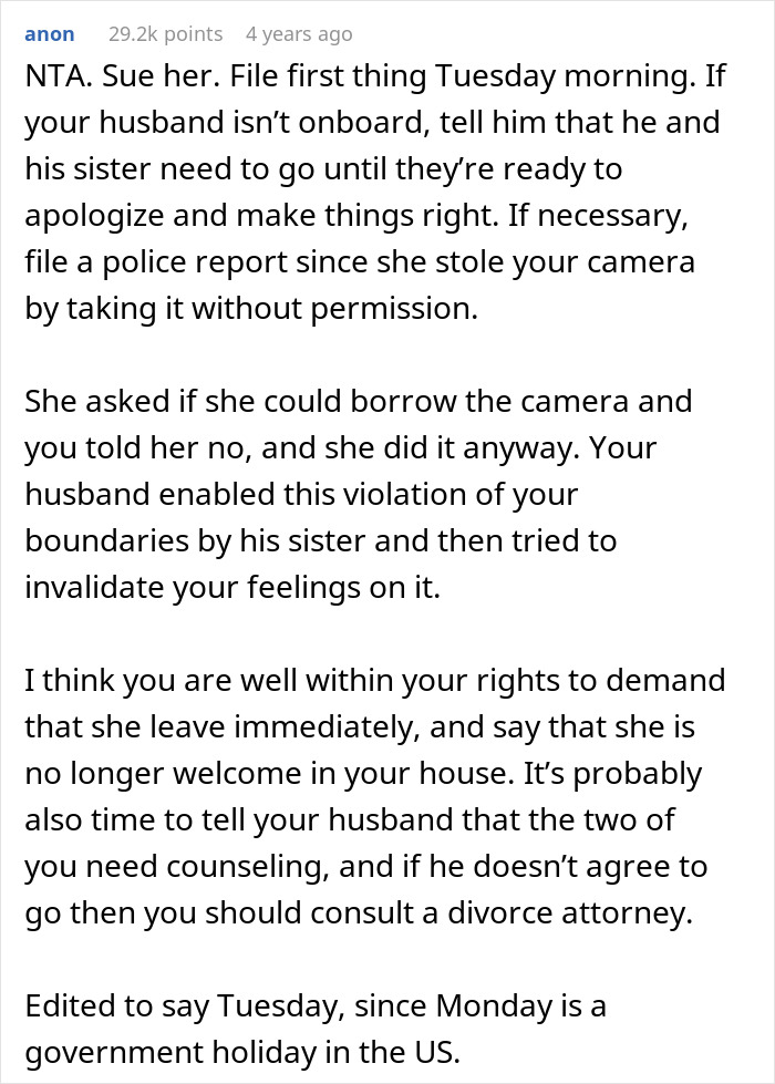 Text post offering advice to a woman who threatens to sue her sister-in-law for irresponsibility.