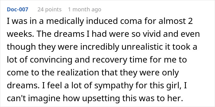 A Reddit comment sharing a personal experience of a vivid coma dream, feeling for the girl who wakes up heartbroken. A Reddit comment sharing a personal experience of a vivid coma dream, feeling for the girl who wakes up heartbroken.