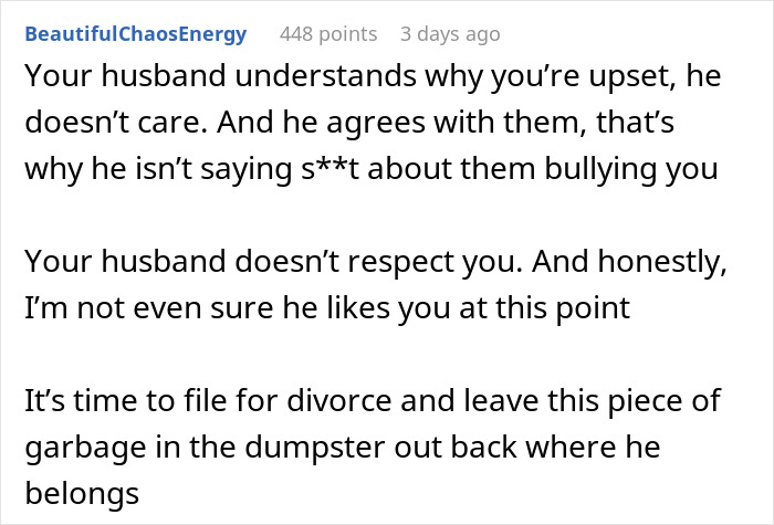 Reddit comment advising divorce due to husband's disrespect and bullying friends