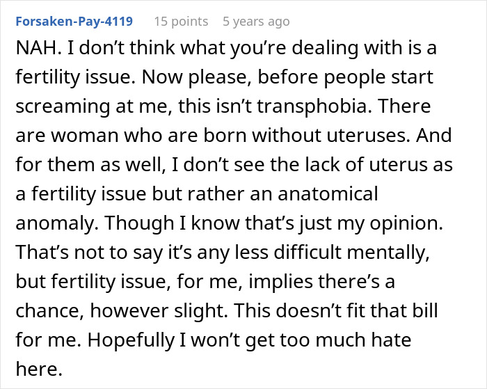 Comment discussing anatomical anomaly vs fertility issues in adoption context Comment discussing anatomical anomaly vs fertility issues in adoption context