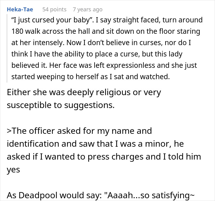 Comment describing curse interaction with pregnant woman and teen bully