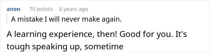 A comment on a screen, with text saying A mistake I will never make again. Woman learns to defend herself.