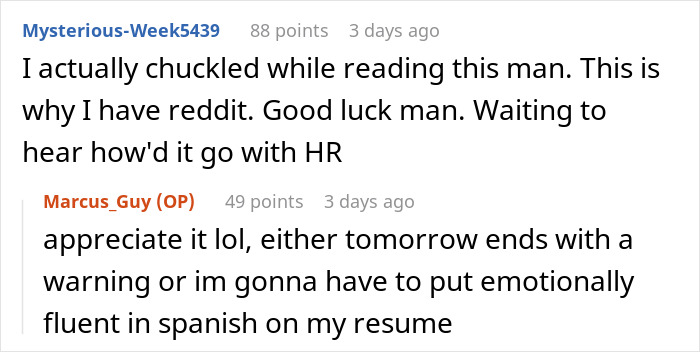 User chuckles and wishes good luck with HR in basic Spanish learning User chuckles and wishes good luck with HR in basic Spanish learning