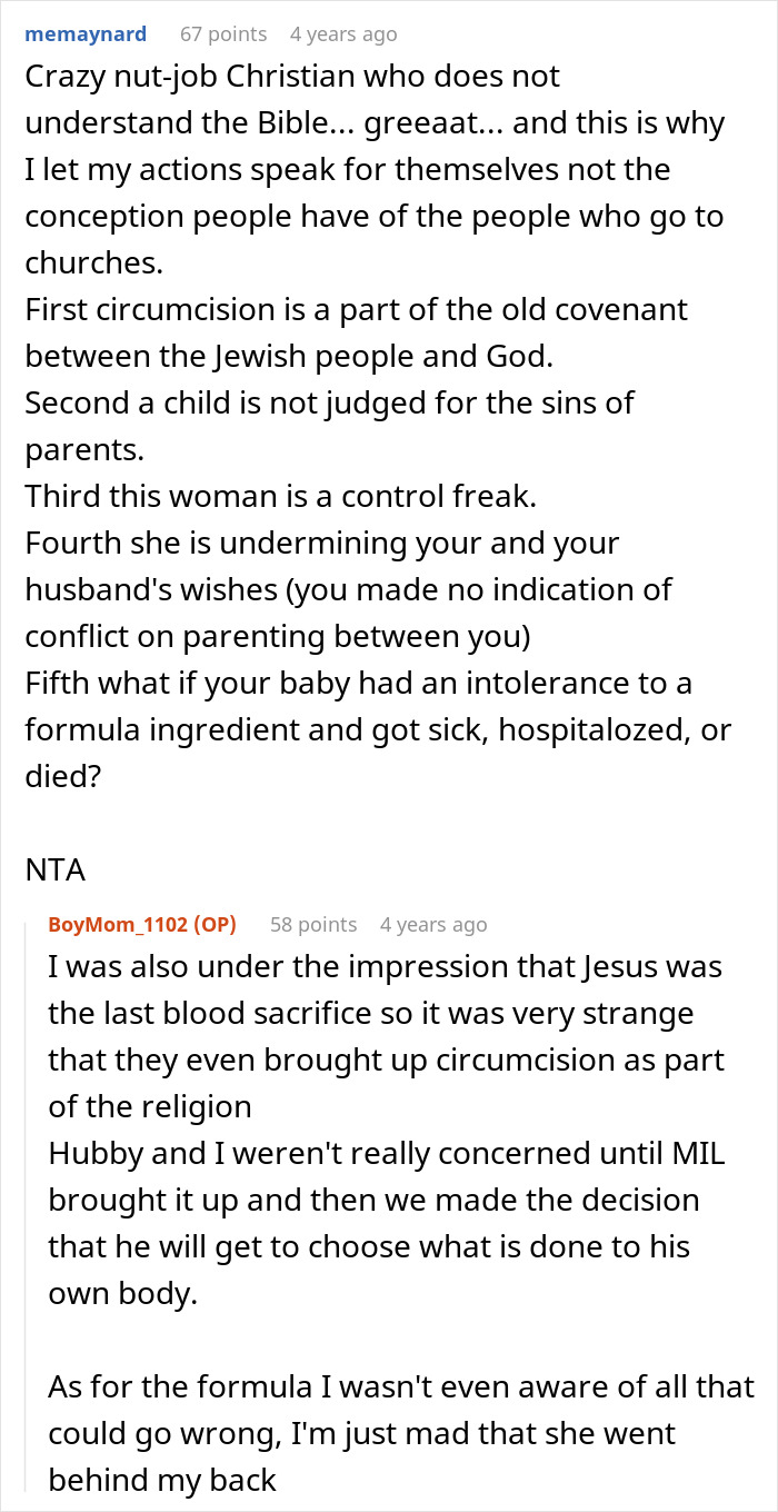 Reddit post discussing a MIL disowning grandchild over circumcision, with comments about the MIL's unhinged behavior.