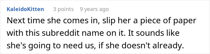 Comment suggesting handing a note with a subreddit name to the obsessed wedding cake woman Comment suggesting handing a note with a subreddit name to the obsessed wedding cake woman