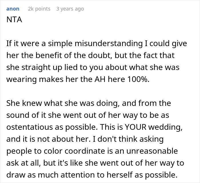 Comment discussing bride's upset over mother-in-law's purple outfit Comment discussing bride's upset over mother-in-law's purple outfit