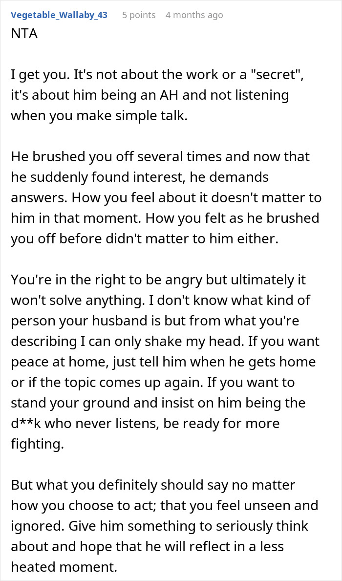 A Reddit comment with user Vegetable_Wallaby_43 offering advice on a husband's sudden interest in his wife's job.