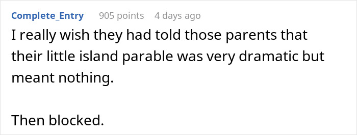 A Reddit comment wishing someone had told parents their dramatic parable meant nothing, then blocked them. Daughter giving birth.
