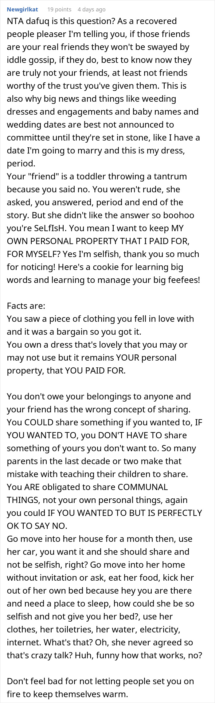 Comment warning about true friends and personal property of wedding dress Comment warning about true friends and personal property of wedding dress