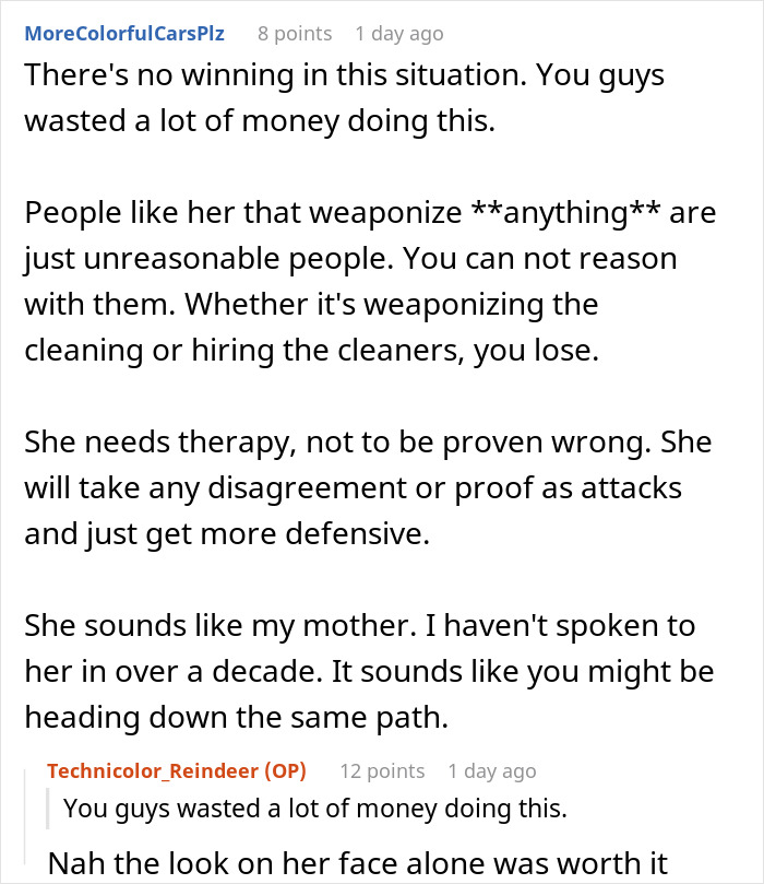 Comment discussing wasted money and need for therapy in mom's cleaning criticism Comment discussing wasted money and need for therapy in mom's cleaning criticism
