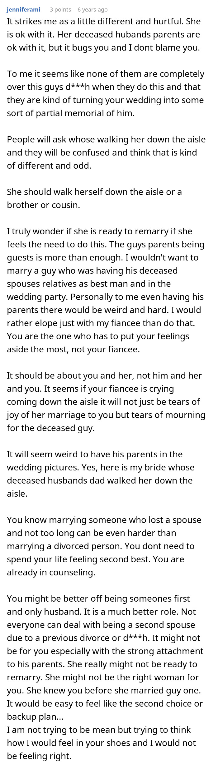 Detailed comment expressing discomfort with late husband's parents walking bride down aisle