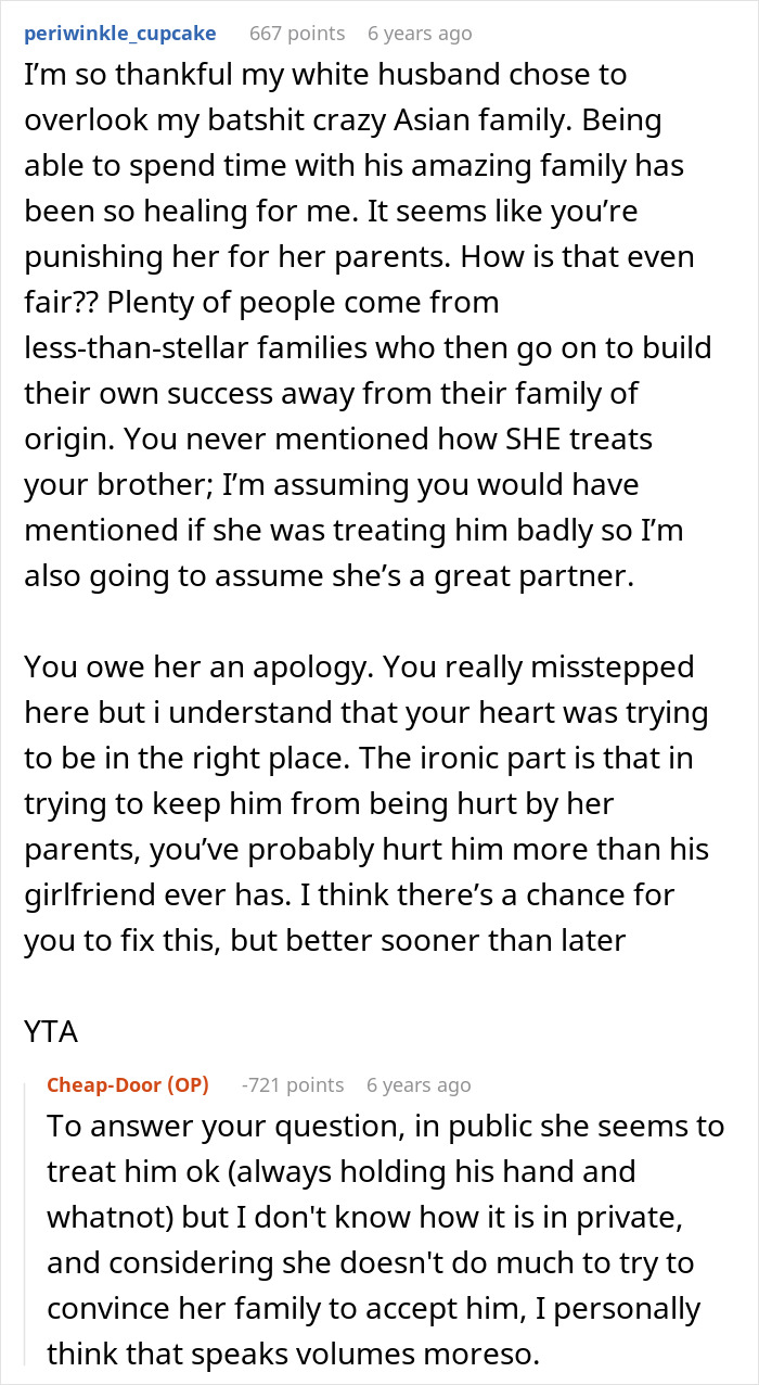 Comment about family rejection and relationship dynamics with brother's girlfriend Comment about family rejection and relationship dynamics with brother's girlfriend
