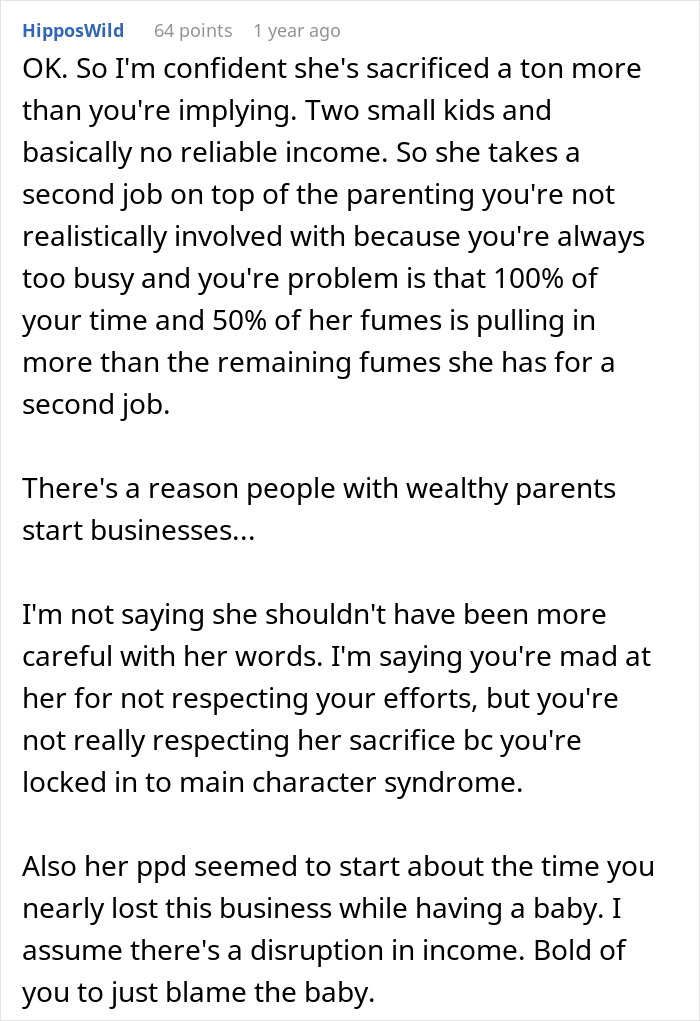 A Reddit comment discussing a man's deflated feeling after his wife called his successful business a hobby, highlighting sacrifices.