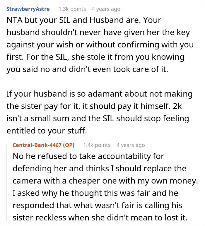 Reddit thread discussing a woman threatening to sue her sister-in-law for irresponsibility.