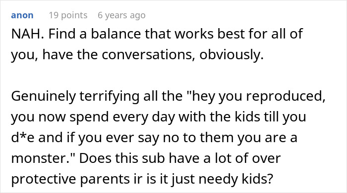 A Reddit comment by "anon" with 19 points, 6 years ago, on the topic of parents and kids, discussing balance.